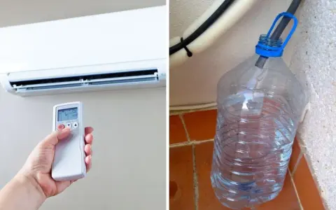 Aire acondicionado con mando a distancia y una botella recogiendo el agua del aire acondicionado es destilada.