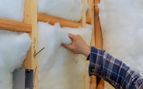 Mano colocando aislamiento en la pared de madera. Mejora el aislamiento de edificios para mayor eficiencia energética.