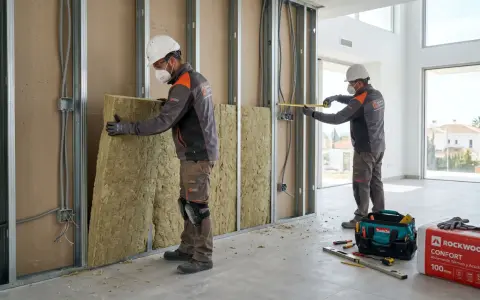 Dos obreros instalan aislamiento de lana de roca en una pared interior. Se ven herramientas y una caja de Rockwool.