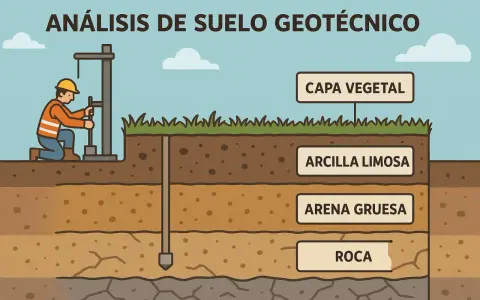 Un trabajador realiza un estudio geotecnico, perforando el suelo para analizar capas de vegetación, arcilla limosa, arena gruesa y roca.