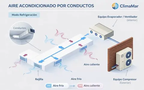 Esquema de aire acondicionado por conductos en modo refrigeración. Muestra el equipo interior y exterior, conductos, rejillas y flujo de aire frío y caliente.