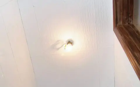 Techo con paneles de poliestireno extruido, una bombilla encendida y un marco de madera.