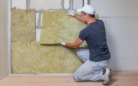 Hombre instalando aislamiento de lana de roca para como aislar una pared.