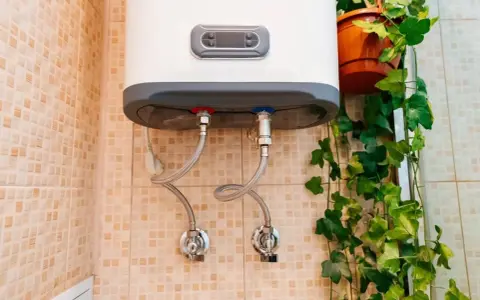 Termo eléctrico no sale agua caliente. Las tuberías de conexión y las válvulas están visibles en la pared con azulejos.