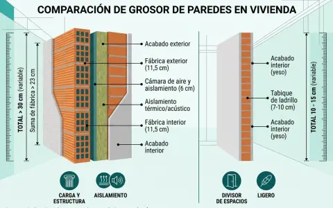 Comparación de grosor de paredes. Muestra el grosor de tabique entre viviendas, con capas de aislamiento y fábrica.
