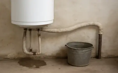 Un termo pierde agua por arriba, mojando el suelo y un cubo metálico espera bajo la tubería.