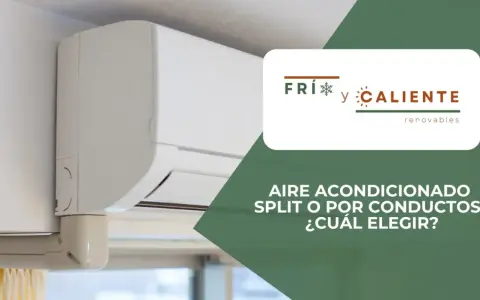 Un aire acondicionado split, moderno y blanco, montado en la pared. El logo "Frí y Caliente" aparece junto al texto "¿Qué es split aire acondicionado?".