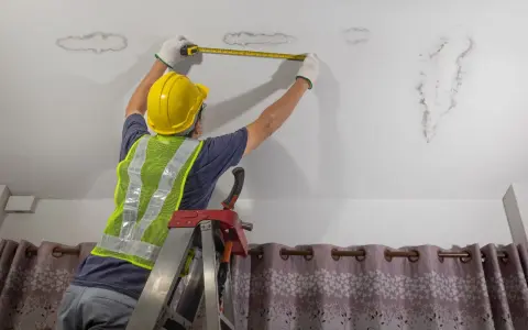 Un trabajador con casco mide manchas de humedad en el techo, evaluando los tipos de grietas y daños.