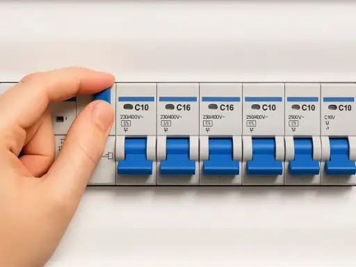 Mano manipulando un interruptor en un cuadro eléctrico, mostrando varios disyuntores. Esto ilustra qué es un diferencial eléctrico y su función de protección.