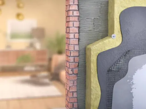 Corte de pared que muestra el aislamiento y los materiales de construcción, ilustrando cómo funciona una casa passivhaus que es eficiente energéticamente.