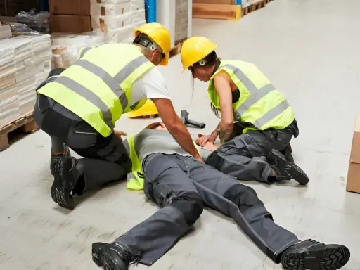 Dos trabajadores atienden a un compañero caído. Se investiga quién es el responsable de un accidente en una obra.