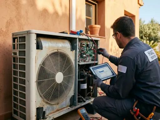 Técnico realiza mantenimiento a bomba de calor, revisando componentes y datos en tablet.
