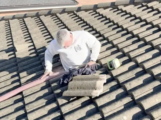 Hombre en tejado trabajando en el aislamiento térmico del tejado. Se ve una manguera rosa y una herramienta verde.