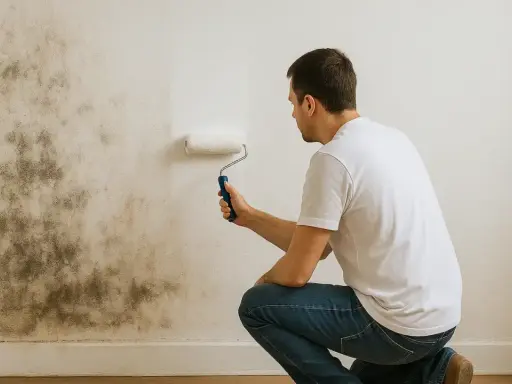 Hombre pintando pared con moho. La pintura caduca sin abrir, pero el problema de humedad persiste.