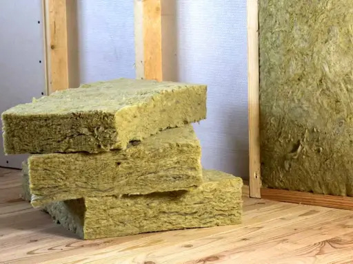 Bloques de lana mineral, un material aislante, apilados sobre madera. Así es que es la lana mineral.