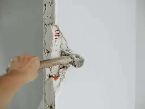 Mano golpeando un tabique con un martillo. La pregunta de cuanto se tarda en tirar un tabique depende de la habilidad y el material.