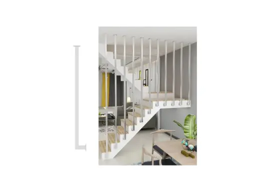 Escalera moderna con balaustres verticales blancos. Guía visual sobre como colocar balaustres en escaleras para un acabado seguro y estético.