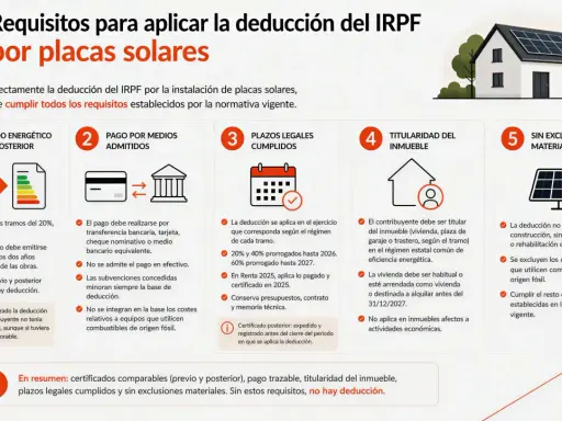 Requisitos para deducción IRPF placas solares: certificado energético, pago trazable, plazos, titularidad inmueble y sin exclusiones. La deducción por inversión en eficiencia energética es clave.