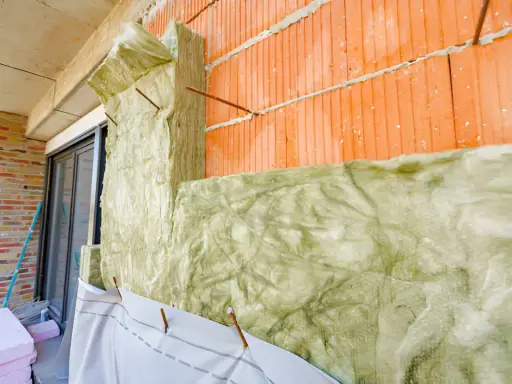 Aislamiento de lana de roca en una pared de ladrillo. Aunque es un buen aislante, la lana de roca es inflamable.