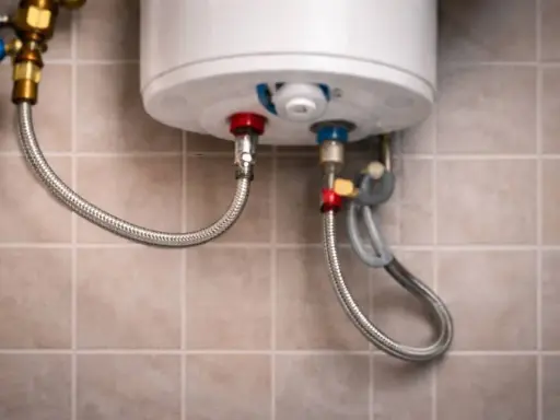 Detalle de conexiones de un termo eléctrico. Se observa una manguera flexible conectada a la válvula de seguridad, indicando que el termo eléctrico gotea por ahí.