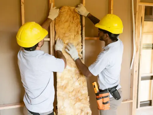 Dos obreros instalan aislamiento en una pared, eligiendo materiales con baja conductividad para mejorar la eficiencia energética.
