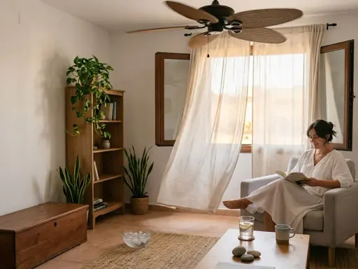 Mujer leyendo en sillón, con ventilador de techo y cortinas movidas por la brisa. Consejos aire acondicionado: ventilar y usar ventilador para refrescar.