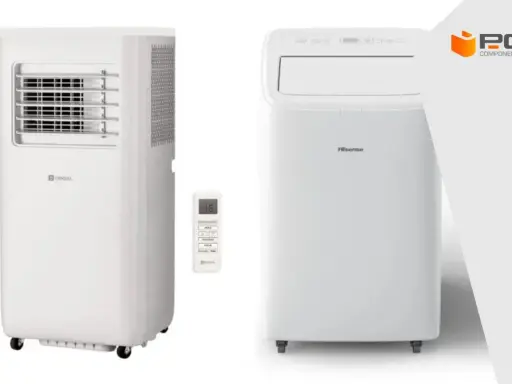 Dos aires acondicionados portátiles blancos, uno marca "ORIGIAL" con mando a distancia, y otro "Hisense". Ideales para calcular consumo aire acondicionado.