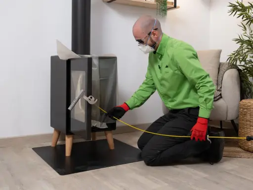 Hombre con equipo de protección, usando una herramienta para limpiar el tubo de una chimenea de leña.