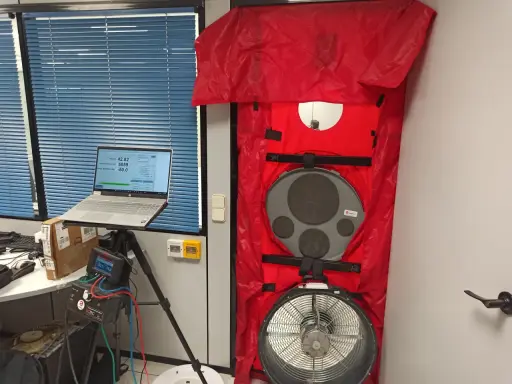 Equipo para blower door test en puerta, con laptop mostrando datos y medidor de presión.