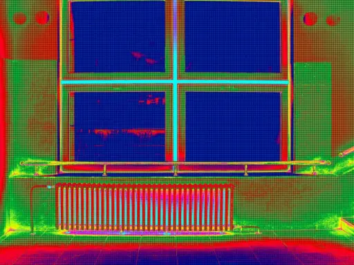 Radiador y ventana con colores falsos que resaltan el **puente térmico** en la pared.