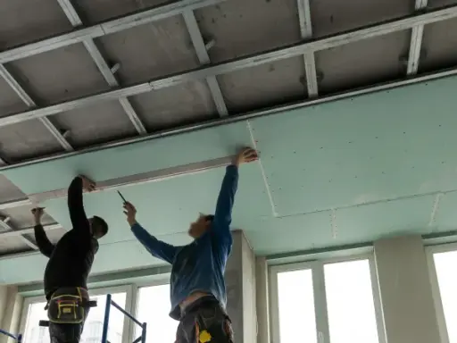 Dos trabajadores instalan placas de yeso para como aislar un techo por el interior. Se ve la estructura metálica del falso techo.