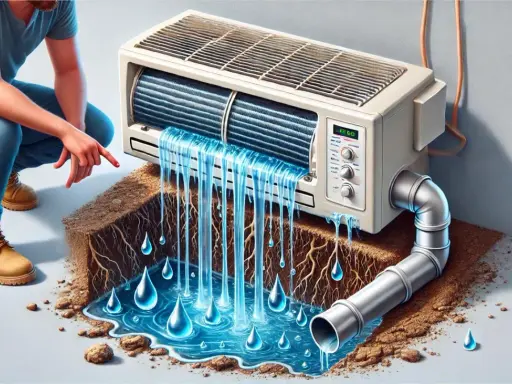Unidad interior de aire acondicionado gotea agua. Un hombre señala la fuga mientras el agua cae sobre tierra y raíces.