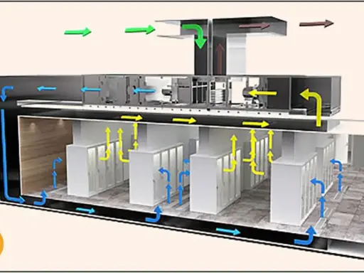 Diagrama de un centro de datos con flujo de aire para free cooling. Aire fresco entra (verde), se distribuye (azul) y sale caliente (amarillo).