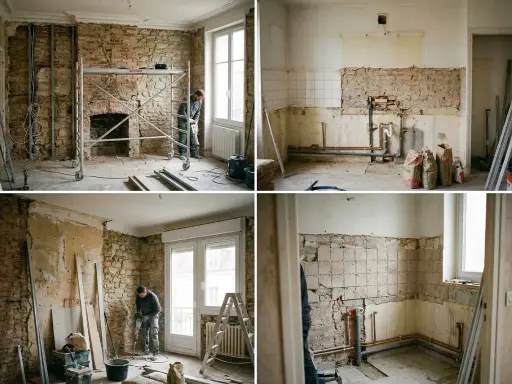 Obras en curso: un trabajador usa un martillo neumático en una habitación con andamios. Parece que hubo que cambiar de arquitecto a mitad de obra.