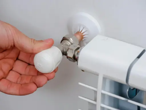 Mano ajustando la perilla de un radiador, mostrando partes de un radiador de agua como la válvula y la conexión.