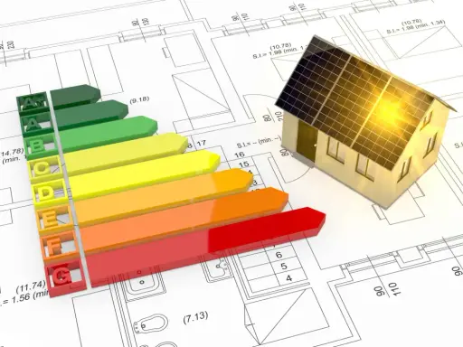 Gráfico de eficiencia energética de una vivienda con paneles solares sobre plano arquitectónico.