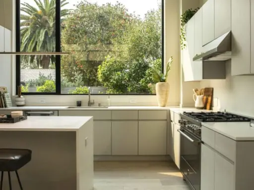 Cocina moderna con campana extractora de acero inoxidable. El motor de la campana extractora no funciona, pero la vista al jardín es espectacular.