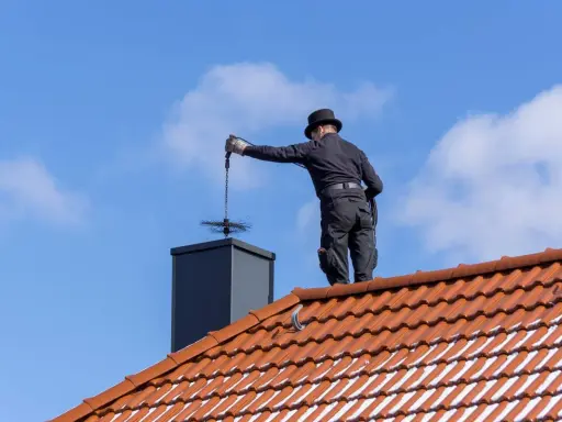 Deshollinador chimenea casero, con sombrero y traje negro, limpia la chimenea desde el tejado.