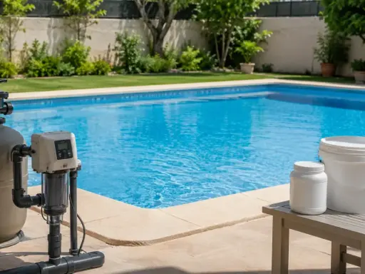 Sistema de filtración y depósitos blancos junto a una piscina azul, ilustrando como funciona una piscina de sal.