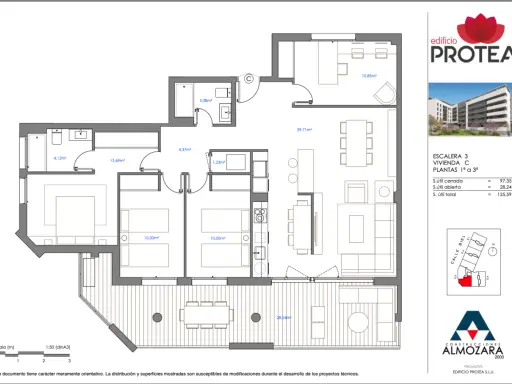 Plano de una casa con orientación norte. Muestra distribución de habitaciones, terraza y medidas.