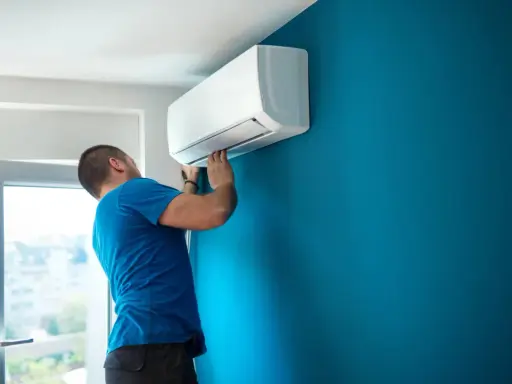 Hombre instalando aire acondicionado uno mismo en pared azul.