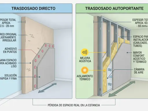 Ilustración comparativa de dos tipos de tabique casa: directo y autoportante, mostrando sus grosores y beneficios.