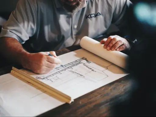 Arquitecto dibuja planos detallados, calculando la superficie edificable para un nuevo proyecto.