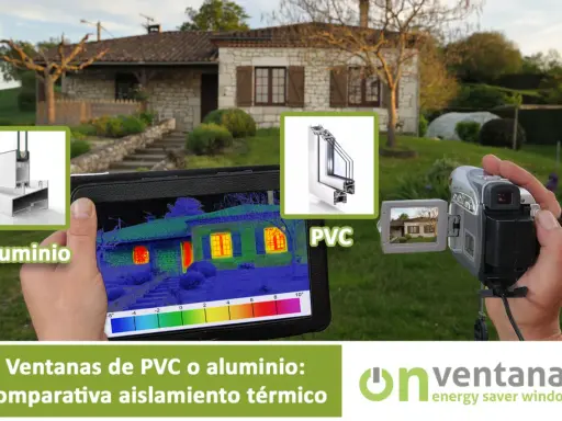 Comparativa de ventanas de PVC y aluminio, mostrando el **coeficiente aislamiento térmico** con cámara termográfica.