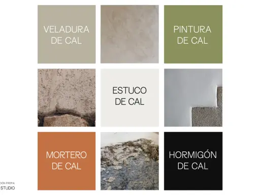 Mortero de cal, estuco, veladura, pintura y hormigón de cal, materiales de construcción con acabados texturizados.