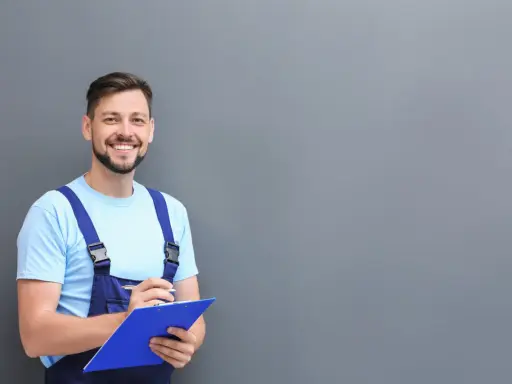 Técnico sonriente con mono azul y camiseta clara, revisando notas para el mantenimiento del aire acondicionado.
