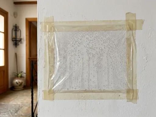 Plástico adherido a pared con cinta, mostrando gotas de condensación. Indica posibles humedades en el suelo de la planta baja.