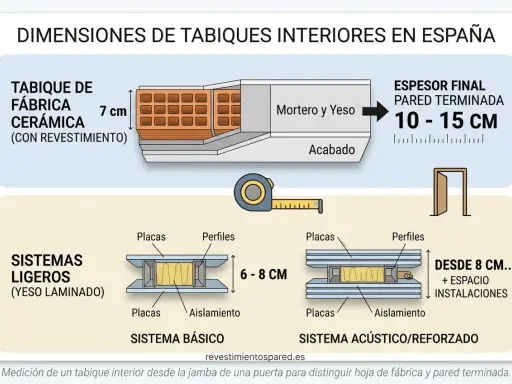 Ilustración de partes de una pared interior: tabique de fábrica cerámica, sistemas ligeros (yeso laminado) básico y acústico/reforzado, con medidas.