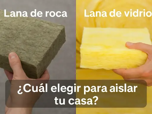 Mano sostiene un bloque de lana de roca aislante, verde grisáceo, junto a un bloque de lana de vidrio amarilla.