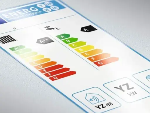 Etiqueta de eficiencia energética, con escalas de A+++ a G, que cumple la directiva ERP. Muestra el consumo en kW y el nivel de ruido en dB.
